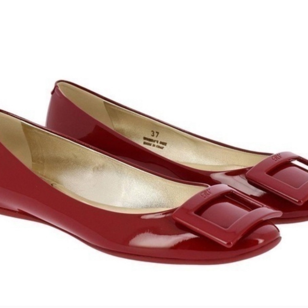 Roger Vivier Logo Buckle Red Patent Leather Ballet Flats